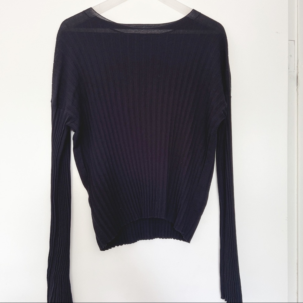 Theory Navy Sheer Pleated Knit top Size M
